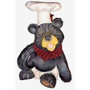 Chef Black Bear Wine Bottle Holder Hat Apron Buffalo Fabric Red Black Scarf 8-in